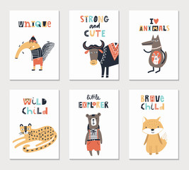 Collection of children cards with cute animals and lettering. Perfect for nursery posters. Vector illustration. - 255785696