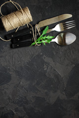 cutlery rustic, used for eating or serving (fork, knife, spoon - set). food background. copy space