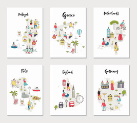 Big set of illustrated maps of of Europe with cute and fun hand drawn characters, plants and elements. - 255785898