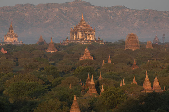 View of ancient temples in foggy morning, sunrise in Bagan, Myanmar (Burma)