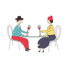 An elderly woman sits at a table in a restaurant in a yellow dress and drinks wine from a glass. Vector illustration.