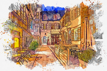 Watercolor sketch or illustration of a beautiful view of a traditional European street in Bruges in Belgium in the evening or at night