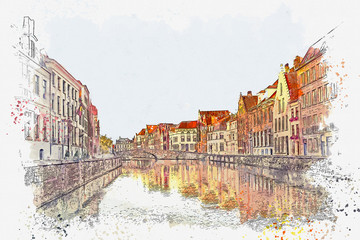 Naklejka premium Szkic akwarela lub ilustracja z pięknym widokiem na tradycyjną europejską architekturę miejską w Brugii w Belgii