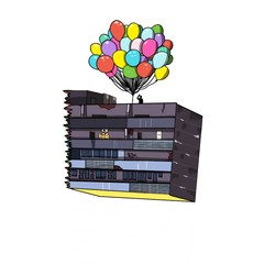 flying house on balloons