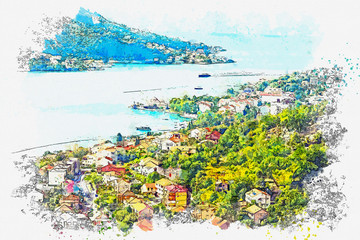 Watercolor sketch or illustration of a beautiful view of the Bay of Kotor and the city of Kotor in Montenegro