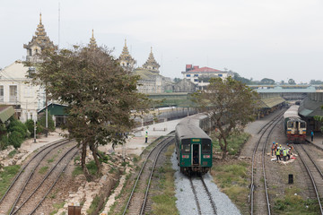 A train standing just outside of the train station of Yangon, Myanmar, Burma
