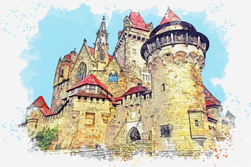 Watercolor sketch or illustration of a beautiful view of an ancient castle in France © CaptainMCity