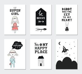Collection of children cards with cute animals and lettering. Perfect for nursery posters. Vector illustration.