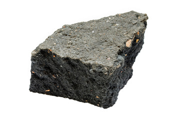 Piece of asphalt is isolated on a white background. A black piece of broken asphalt is insulated for use. A piece of the destroyed roadway.