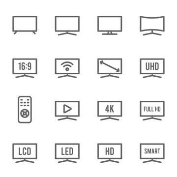 TV Icon Set. Contains such Icons as Monitor, Full HD, LCD, LED, 4K, HD and more. Expanded Stroke