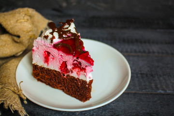 cake piece, berry raspberry souffle. Delicious, sweet dessert. top view. copy space
