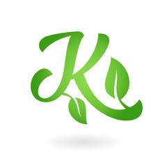 K letter calligraphic organic logo green leaves