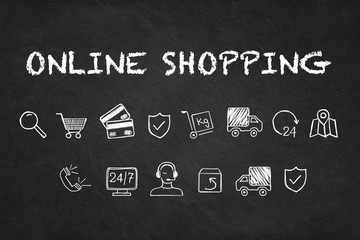 Online Shopping Text und Icons auf Kreidetafel Hintergrund