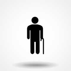Weak hunched old man with a cane black silhouette flat vector icon
