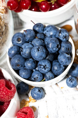 fresh blueberries, raspberries and breakfast products, vertical top view