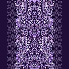 Seamless purple lace pattern with  flowers. Traditional ethnic ornament. Vector print. Use for wallpaper, pattern fills,textile design.