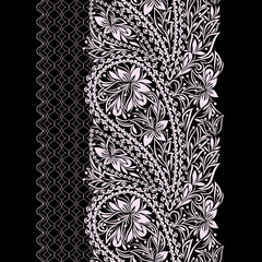 Seamless black and white lace pattern with paisley and flowers. Traditional ethnic ornament. Vector print. Use for wallpaper, pattern fills,textile design.