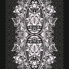 Seamless black and white lace pattern with paisley and flowers. Traditional ethnic ornament. Vector print. Use for wallpaper, pattern fills,textile design.