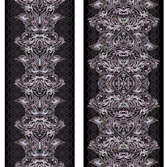 Black and white lace vertical seamless pattern with ethnic decorative elements. Vector set of 2. Use for embroidery, braid, tape, ribbon 