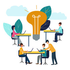 Vector illustration, online assistant at work. Promotion in the network. Search for new ideological solutions, teamwork in a company, brainstorming