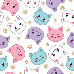 seamless kawaii pattern cute cat faces