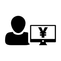 Person icon vector male user avatar with Yen sign and computer monitor screen in flat color in Glyph Pictogram Symbol illustration