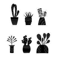 Set of doodle home plants. Vector hand drawn. Silhouette.