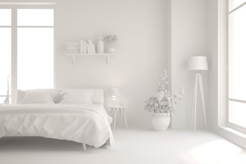 White stylish minimalist bedroom. Scandinavian interior design. 3D illustration