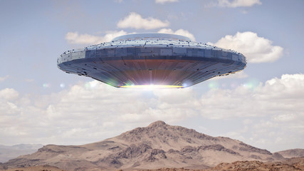 UFO, science fiction scene with alien spaceship, extraterrestrial visitors in flying saucer over landscape (3d space render)