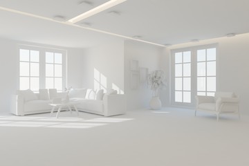 Stylish minimalist room with sofa in white color. Scandinavian interior design. 3D illustration