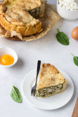 Spinach, chicken and ricotta pie with fresh spinach leaves, ricotta and eggs on a light stone background.