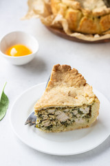Spinach, chicken and ricotta pie with fresh spinach leaves, ricotta and eggs on a light stone background.
