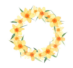 Watercolor illustration of a spring flower wreath. Spring flowers arranged in a circle wreath. Isolated flower wreath on a white background.