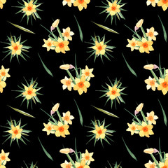 Fototapeta na wymiar Seamless watercolor spring flower background. Watercolor flowers randomly arranged in a seamless pattern. Spring flower texture on a black background.