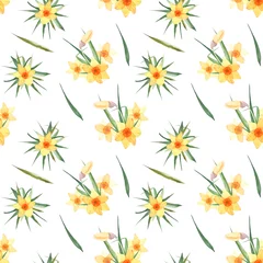 Tuinposter Seamless watercolor spring flower background. Watercolor flowers randomly arranged in a seamless pattern. Spring flower texture on a white background. © Anastasiia