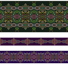 Seamless horizontal border  with decorative elements. Traditional ethnic colored ornament. Vector set . Folk art  background. Use for textile design, embroidery, braid, tape, ribbon.