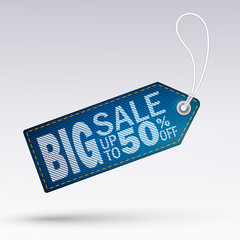 Realistic discount jeans texture tag for sale promotion.Big sale 50% off. Vector vintage label template. Illustration