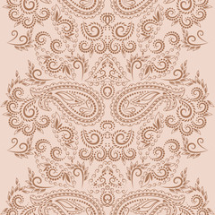 Seamless monochrome indian pattern with paisley, vertical border. Classic ethnic ornament, vector clipart.
