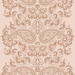 Seamless monochrome indian pattern with paisley, vertical border. Classic ethnic ornament, vector clipart.