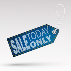Realistic discount jeans texture tag for sale promotion. Sale today only. Vector vintage label template. Illustration
