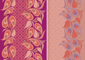 Lace vertical seamless pattern with paisley. Vector set of 2. Monochrome  background. Use for embroidery, braid, tape, ribbon. 