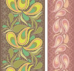 Lace vertical seamless pattern with paisley. Vector set of 2. Monochrome  background. Use for embroidery, braid, tape, ribbon. 