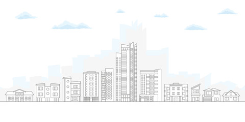 Naklejka premium City Skyline. Outline Cityscape. Urban Landscape with Buildings and Houses. Thin line City Background. Vector illustration.