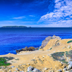 Wonderful romantic afternoon panoramic seascape. Coastline cliffs of the Atlantic ocean in Peniche. West coast of Portugal at sunny weather.