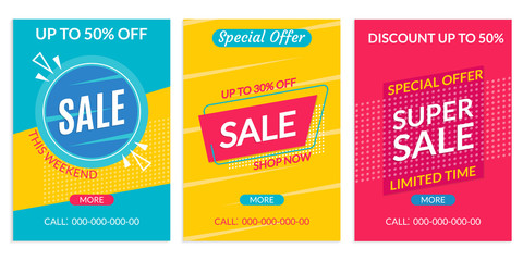 Sale banner template. Discount flyer or poster set. Special Offer and Price off coupon collection for Clearance, Promo, Social media, Marketing in flat style. Vector illustration. 