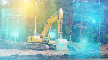 The artificial intelligence built into the excavator of the future generation controls it and conducts geodetic research for future construction. augmented reality view
