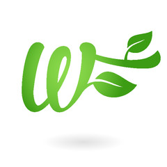 W letter calligraphic organic logo green leaves