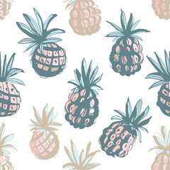 Tropical beach party seamless pineapple pattern background. Black white print
