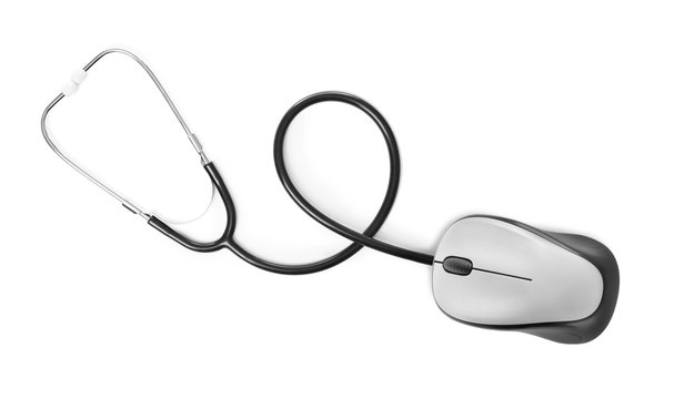 Stethoscope with computer mouse on white background, top view. Online medical consultation
