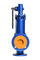 New blue safety valve with lever on white background. Valve for use in water supply. Spring valve. Isolated